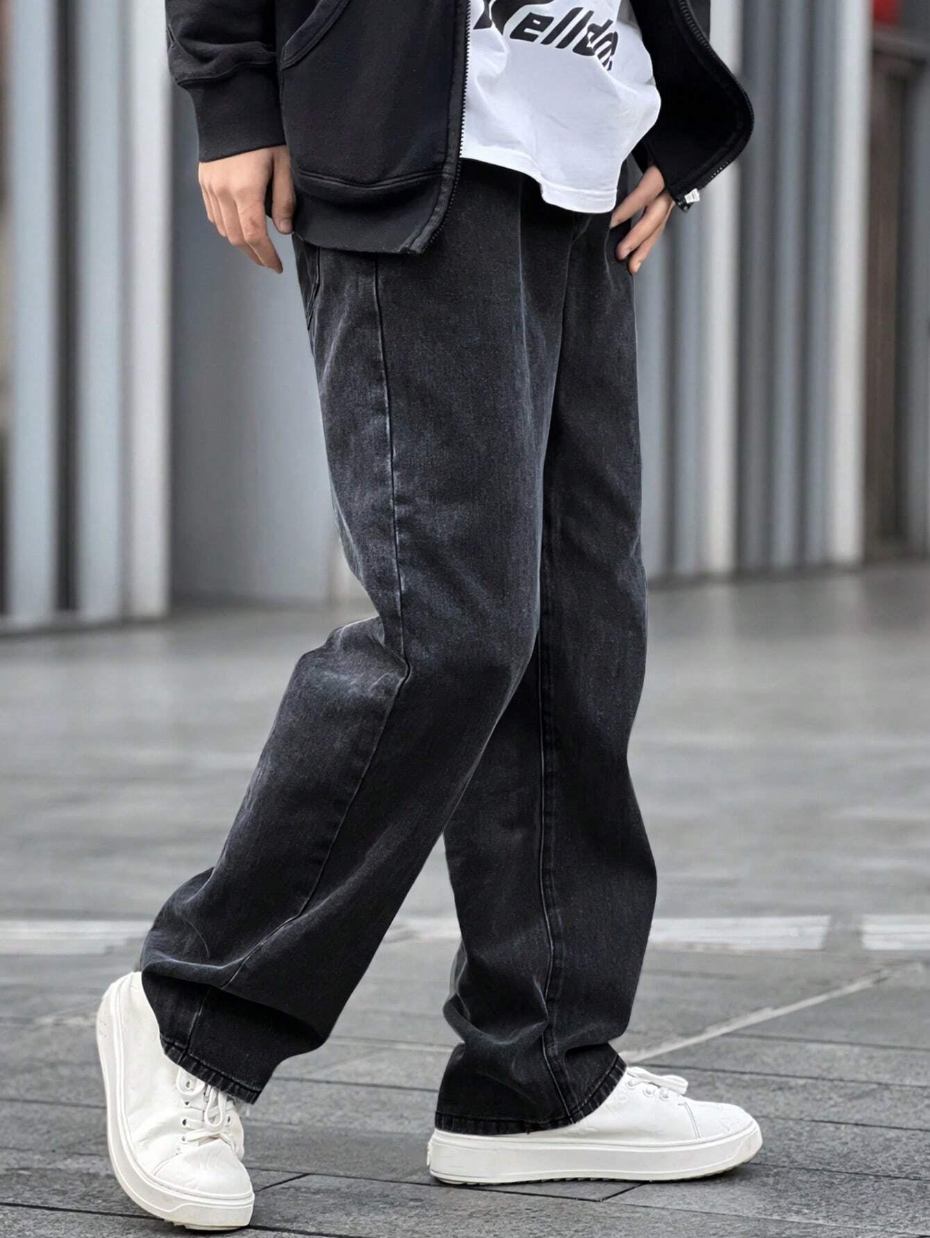 Claim Dot Loose Fit Men'S Solid Color Jeans with Slant Pockets